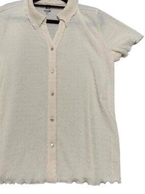 ✨❤️Anne Klein Women’s Neutral Textured Minimalist Collared Short Sleeve Top L